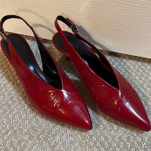 Tibi red patent leather crinkle sling backs